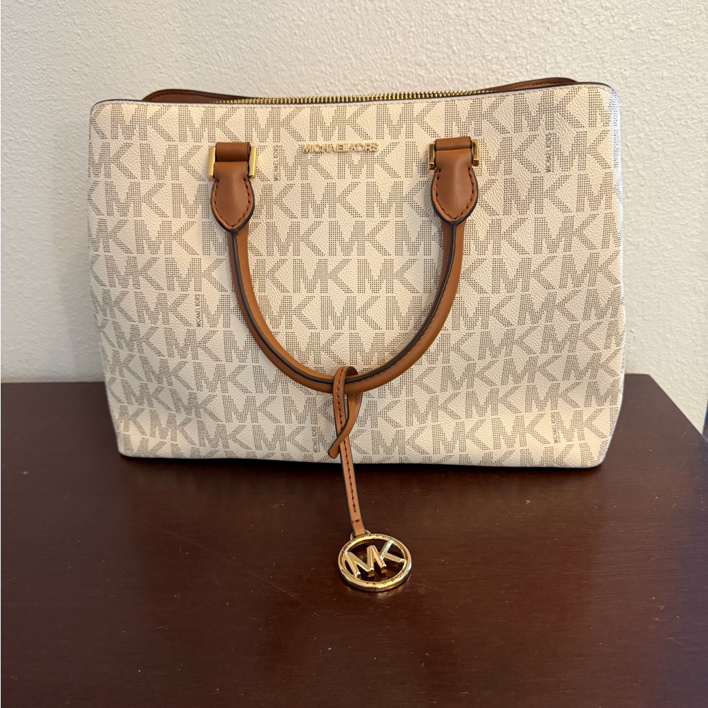 Michael Kors Savannah Large Satchel Cream And Brown Signature Tote
